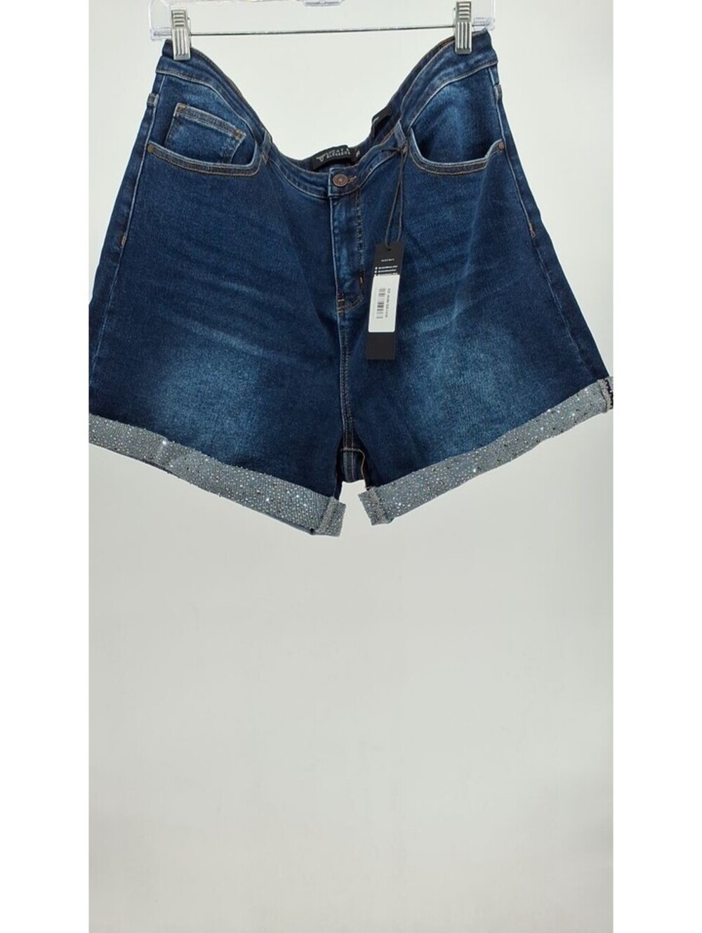 Lucky & Blessed High Rise Rhinestone Cuffed Denim Shorts in a Dark Wash